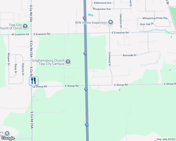 map of restaurants, bars, coffee shops, grocery stores, and more near Interstate 75 in Tipp City