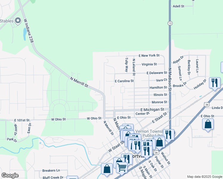 map of restaurants, bars, coffee shops, grocery stores, and more near 519 North Merrill Street in Fortville