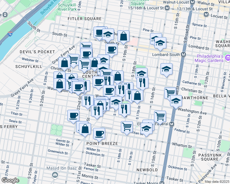 map of restaurants, bars, coffee shops, grocery stores, and more near 1906 Kimball Street in Philadelphia