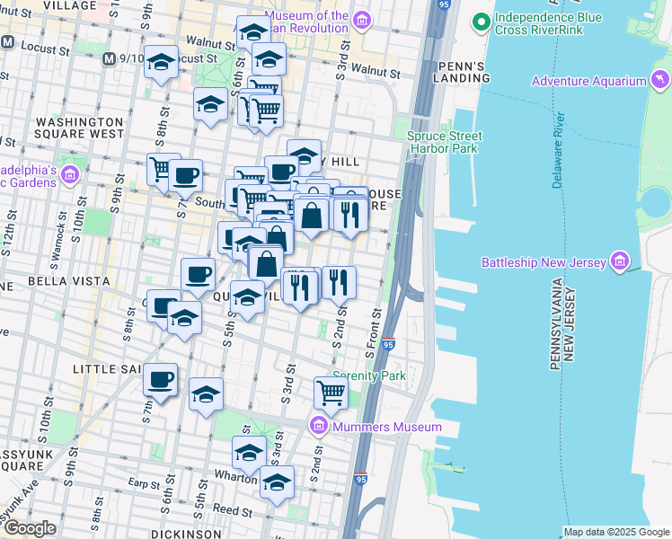 map of restaurants, bars, coffee shops, grocery stores, and more near 219 Monroe Street in Philadelphia