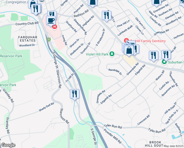 map of restaurants, bars, coffee shops, grocery stores, and more near 1620 Detwiler Court in York