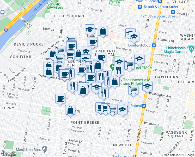 map of restaurants, bars, coffee shops, grocery stores, and more near 1014 South 19th Street in Philadelphia
