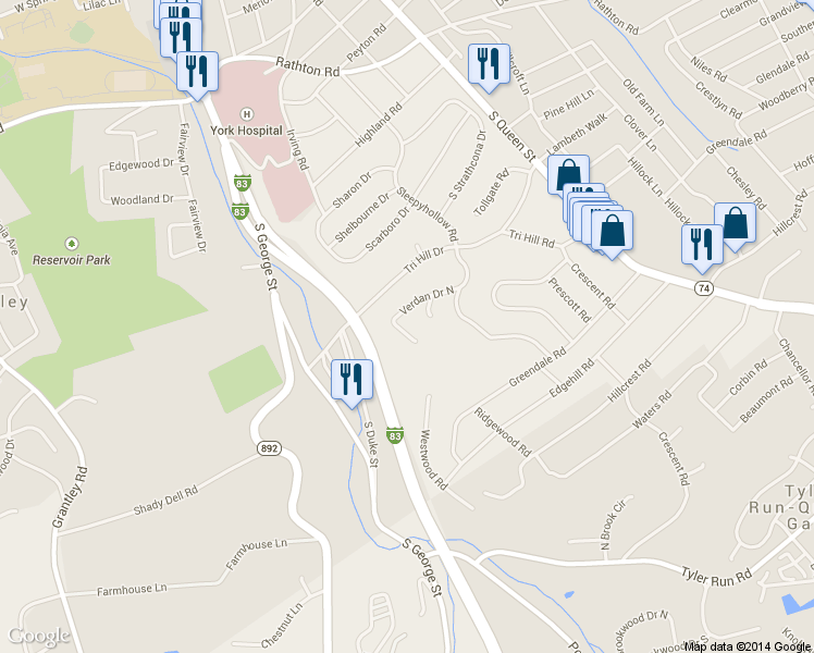 map of restaurants, bars, coffee shops, grocery stores, and more near 210 Verdan Drive North in York