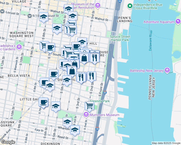 map of restaurants, bars, coffee shops, grocery stores, and more near 219 Monroe Street in Philadelphia