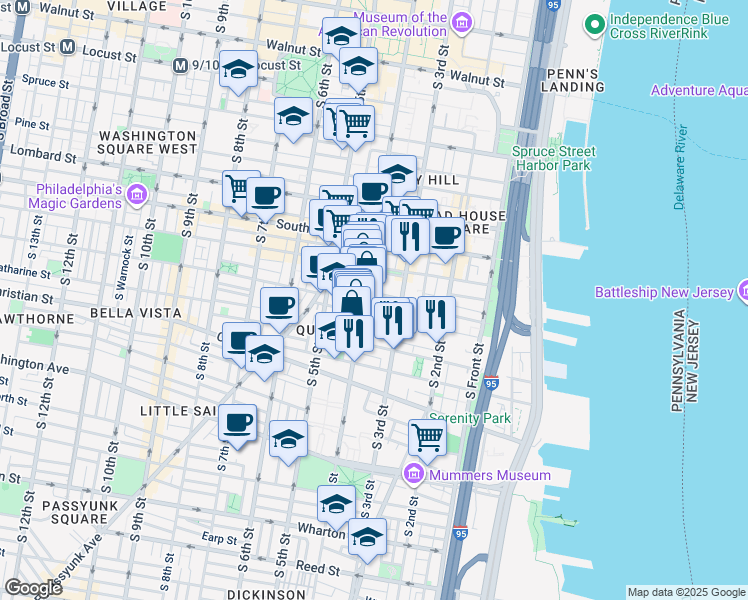 map of restaurants, bars, coffee shops, grocery stores, and more near 335 Pemberton Street in Philadelphia