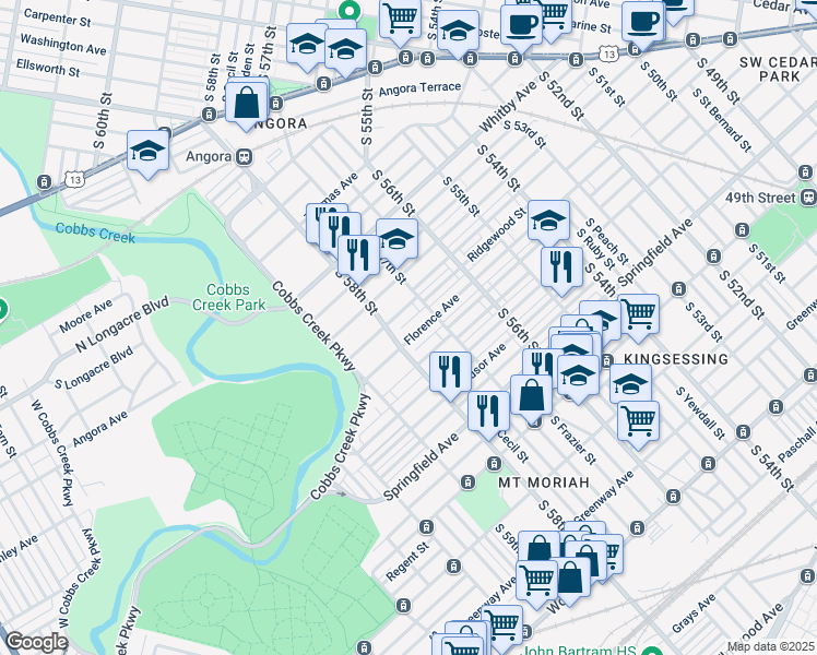 map of restaurants, bars, coffee shops, grocery stores, and more near 5733 Florence Avenue in Philadelphia