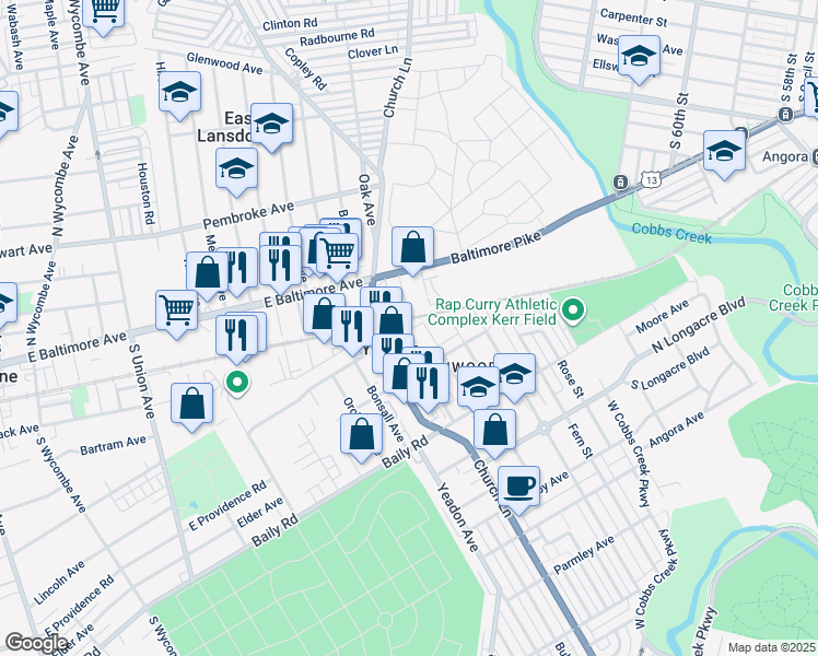 map of restaurants, bars, coffee shops, grocery stores, and more near 405 Holly Road in Lansdowne