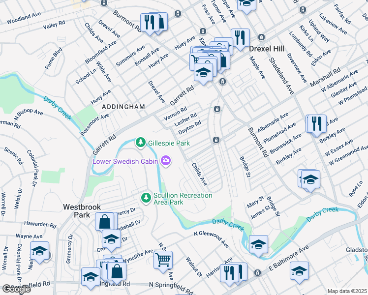map of restaurants, bars, coffee shops, grocery stores, and more near 4049 Redden Road in Drexel Hill