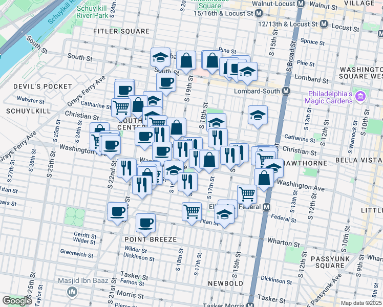 map of restaurants, bars, coffee shops, grocery stores, and more near 1011 South Cleveland Street in Philadelphia