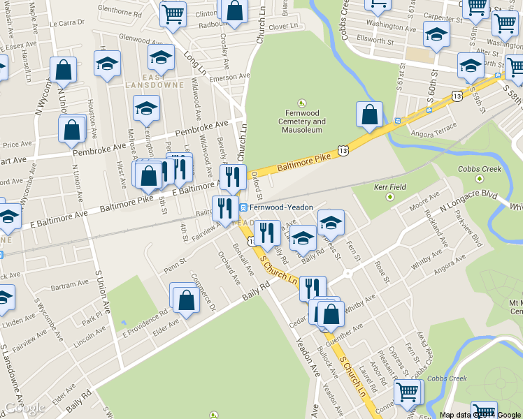 map of restaurants, bars, coffee shops, grocery stores, and more near 405 Holly Road in Lansdowne