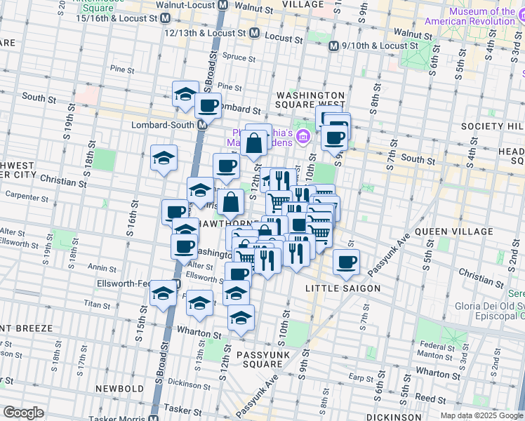 map of restaurants, bars, coffee shops, grocery stores, and more near 1121 Christian Street in Philadelphia