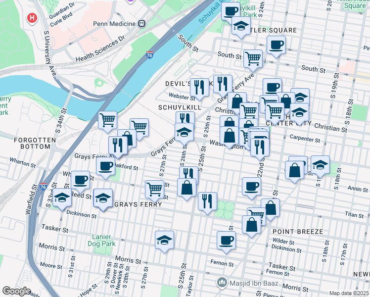 map of restaurants, bars, coffee shops, grocery stores, and more near in Philadelphia