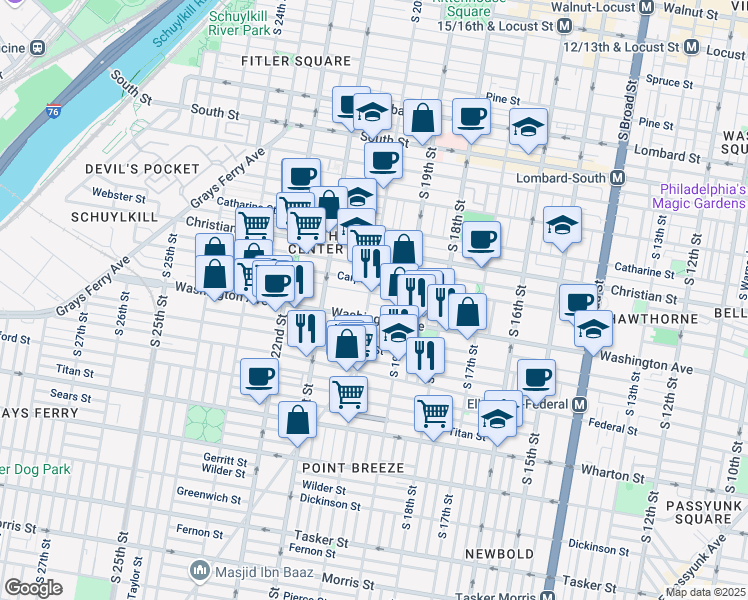 map of restaurants, bars, coffee shops, grocery stores, and more near 1021 South 20th Street in Philadelphia