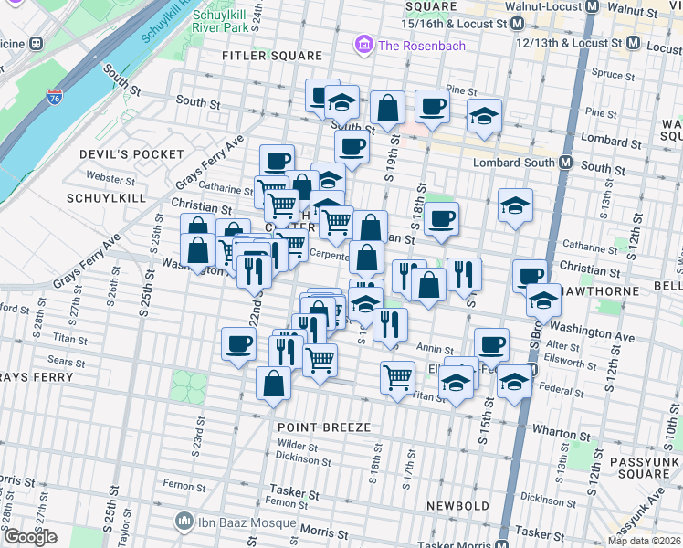 map of restaurants, bars, coffee shops, grocery stores, and more near 1023 South 20th Street in Philadelphia