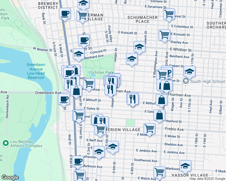map of restaurants, bars, coffee shops, grocery stores, and more near Thurman Avenue & Jaeger Street in Columbus
