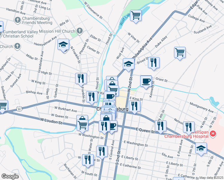map of restaurants, bars, coffee shops, grocery stores, and more near 85 North Main Street in Chambersburg