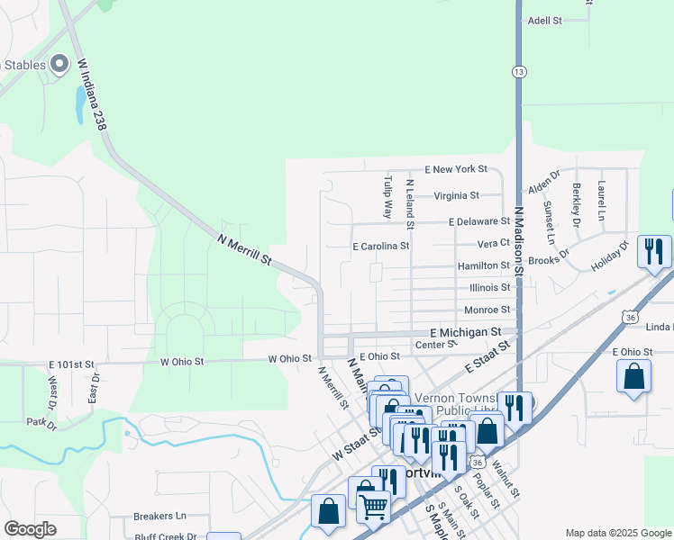 map of restaurants, bars, coffee shops, grocery stores, and more near 650 North Main Street in Fortville