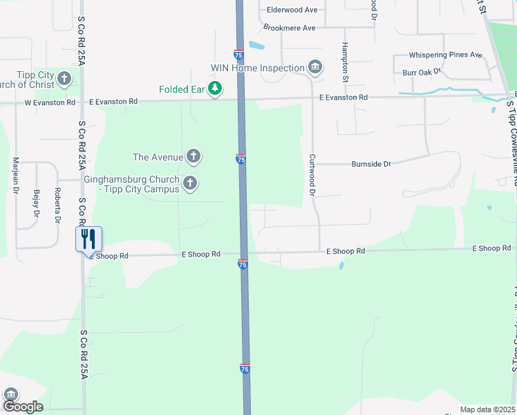 map of restaurants, bars, coffee shops, grocery stores, and more near 625 Kitrina Avenue in Tipp City