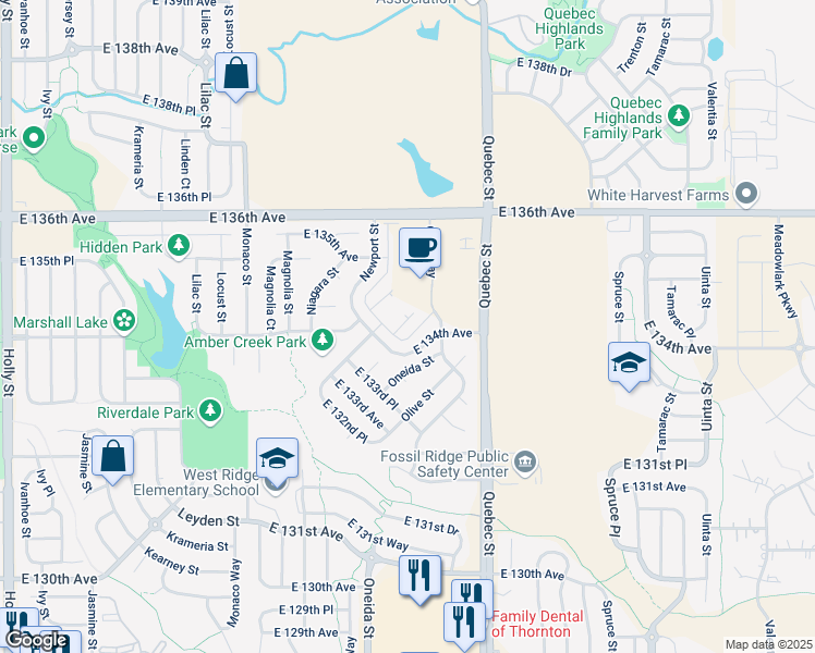 map of restaurants, bars, coffee shops, grocery stores, and more near 13391 Oneida Street in Thornton