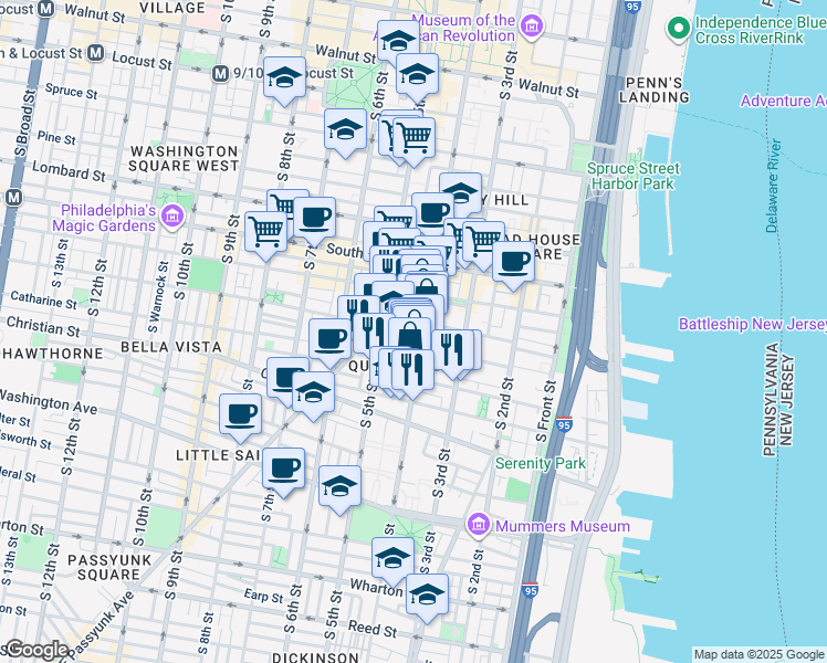 map of restaurants, bars, coffee shops, grocery stores, and more near 734 South 4th Street in Philadelphia