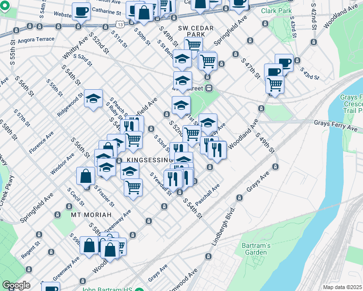 map of restaurants, bars, coffee shops, grocery stores, and more near 5220 Reinhard Street in Philadelphia