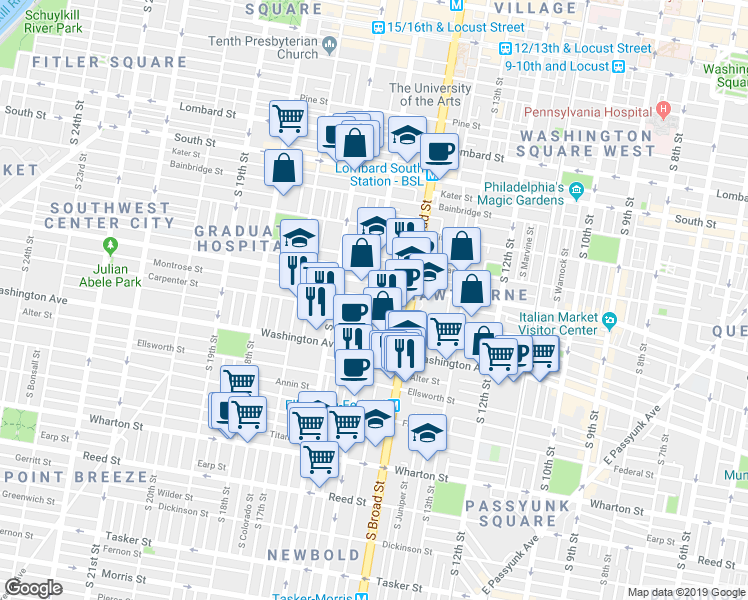 map of restaurants, bars, coffee shops, grocery stores, and more near 917 South 15th Street in Philadelphia