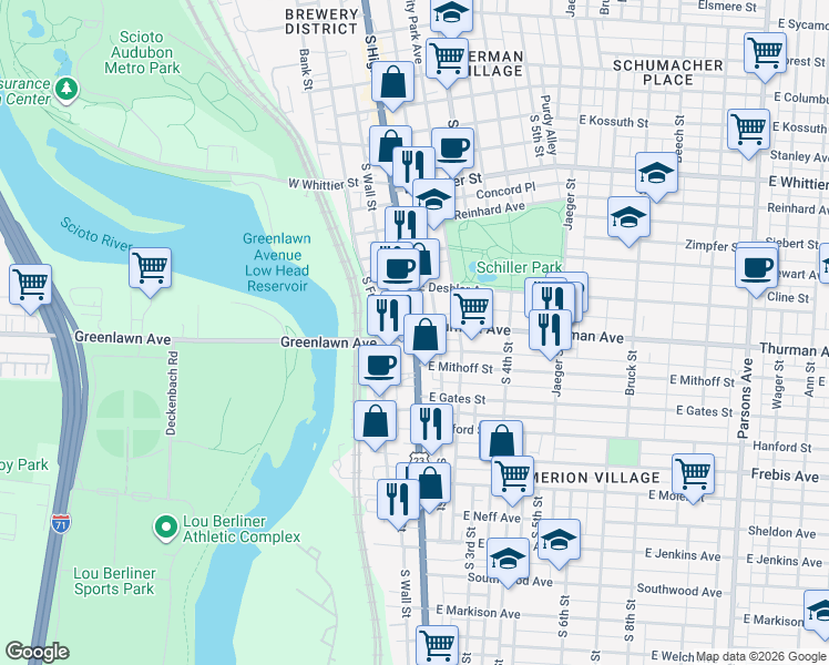 map of restaurants, bars, coffee shops, grocery stores, and more near South High Street & Thurman Avenue in Columbus