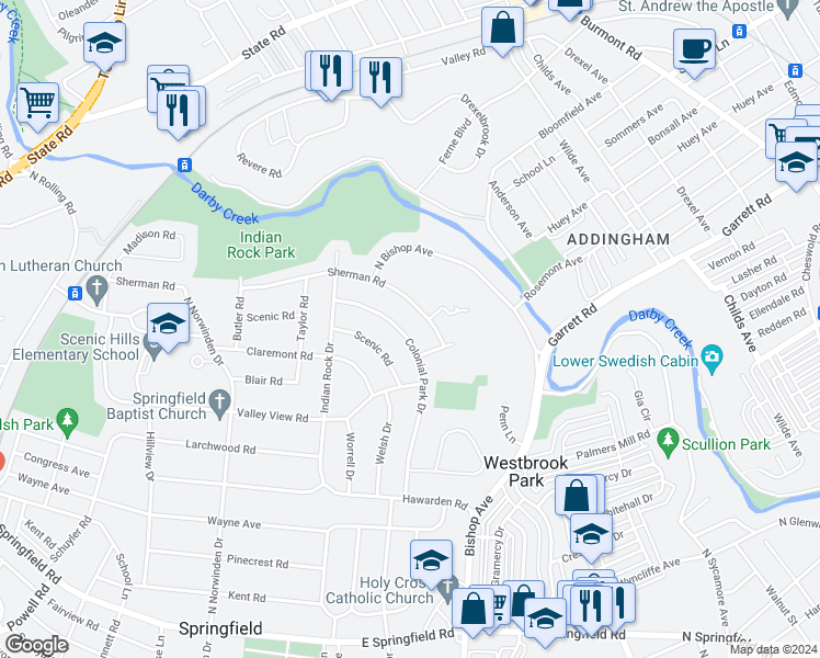 map of restaurants, bars, coffee shops, grocery stores, and more near 421 Colonial Park Drive in Springfield