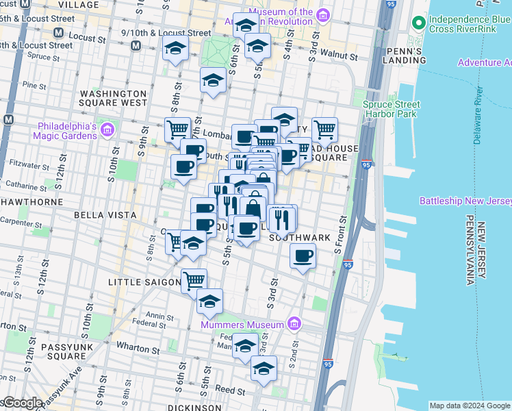 map of restaurants, bars, coffee shops, grocery stores, and more near 734 South 4th Street in Philadelphia