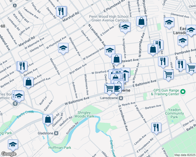 map of restaurants, bars, coffee shops, grocery stores, and more near 63 West Lacrosse Avenue in Lansdowne