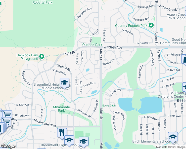 map of restaurants, bars, coffee shops, grocery stores, and more near 26 Walter Way in Broomfield