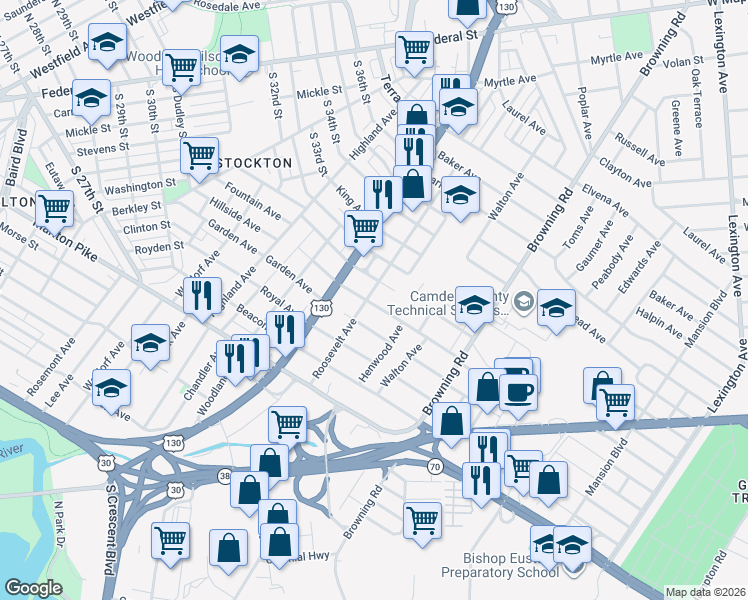 map of restaurants, bars, coffee shops, grocery stores, and more near 4119 Garden Avenue in Pennsauken Township