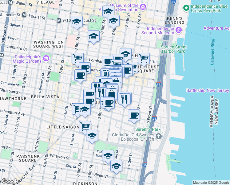 map of restaurants, bars, coffee shops, grocery stores, and more near 732 South 4th Street in Philadelphia