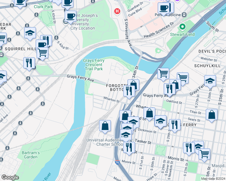 map of restaurants, bars, coffee shops, grocery stores, and more near 1208 South Harmony Street in Philadelphia