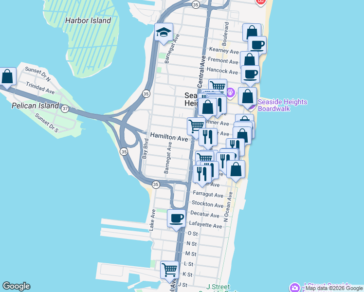 map of restaurants, bars, coffee shops, grocery stores, and more near 214 Franklin Avenue in Seaside Heights