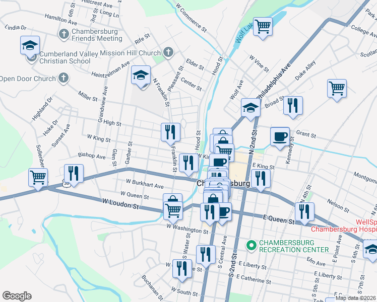 map of restaurants, bars, coffee shops, grocery stores, and more near 112 West King Street in Chambersburg