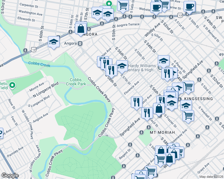 map of restaurants, bars, coffee shops, grocery stores, and more near 5820 Willows Avenue in Philadelphia