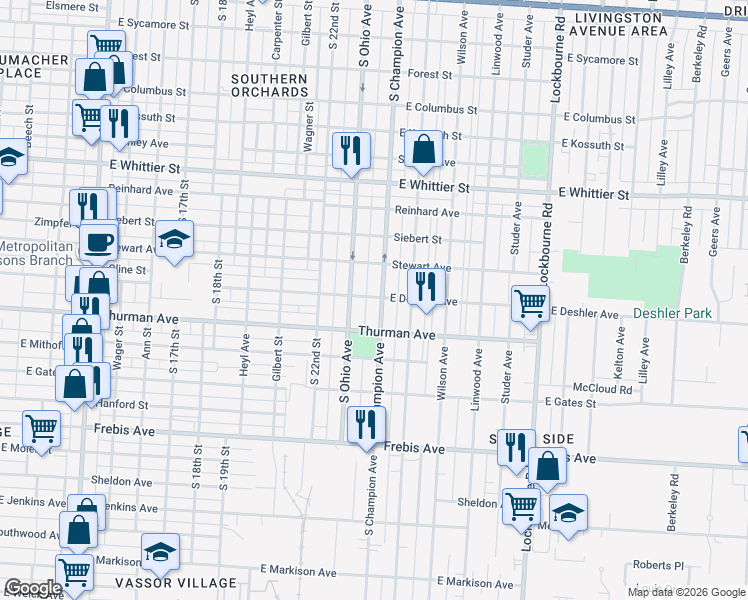 map of restaurants, bars, coffee shops, grocery stores, and more near 1269 South Champion Avenue in Columbus