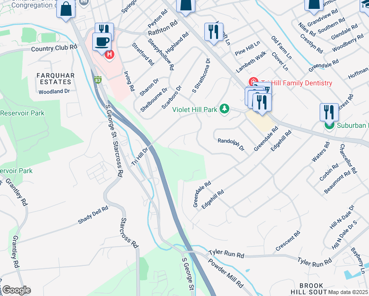 map of restaurants, bars, coffee shops, grocery stores, and more near 1620 Detwiler Court in York
