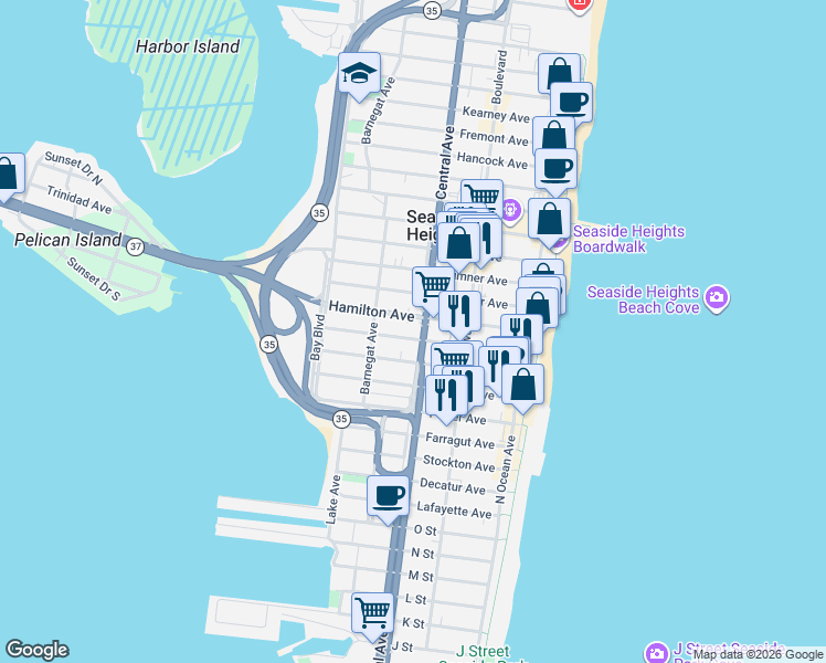 map of restaurants, bars, coffee shops, grocery stores, and more near 201 West Central Avenue in Seaside Heights