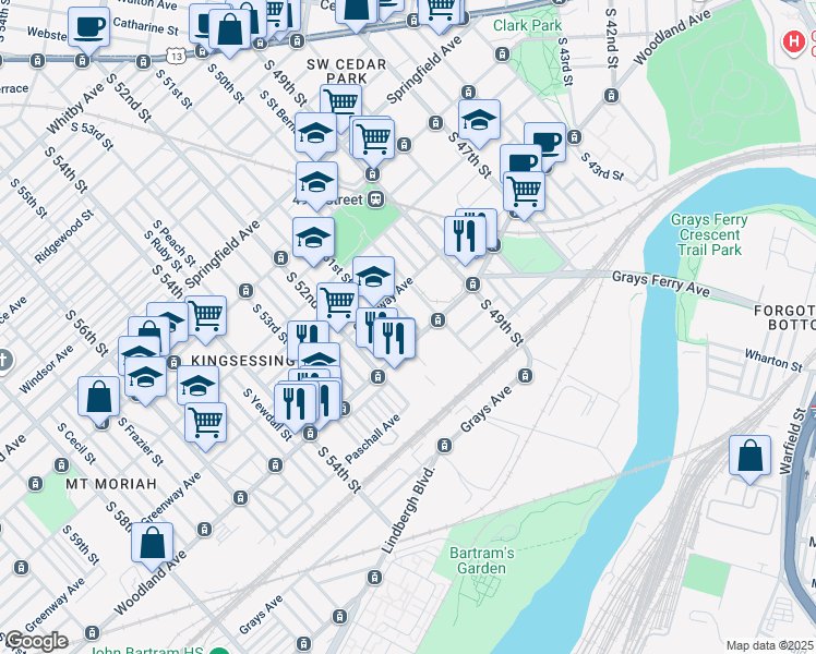 map of restaurants, bars, coffee shops, grocery stores, and more near 1340 Divinity Street in Philadelphia