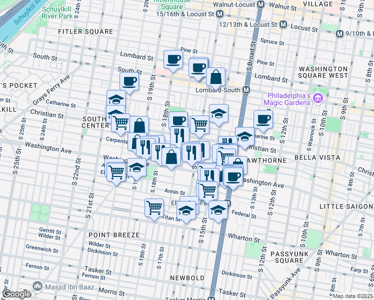 map of restaurants, bars, coffee shops, grocery stores, and more near 1627 Carpenter Street in Philadelphia