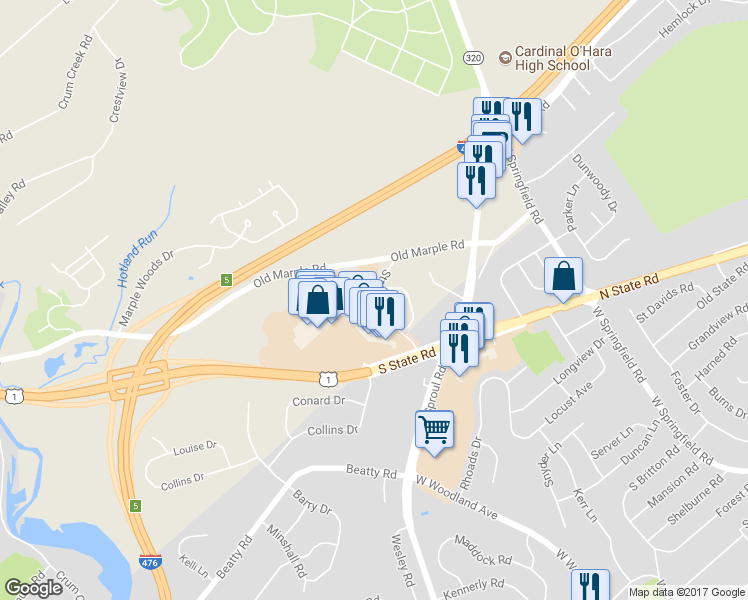 map of restaurants, bars, coffee shops, grocery stores, and more near 20 Stratford Drive in Springfield