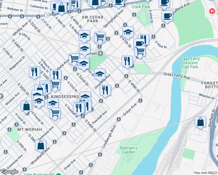 map of restaurants, bars, coffee shops, grocery stores, and more near 1340 Divinity Street in Philadelphia