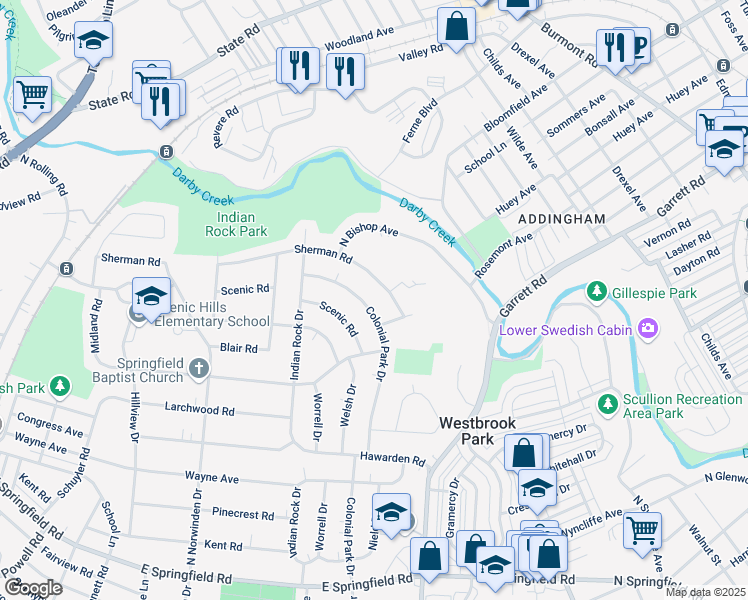 map of restaurants, bars, coffee shops, grocery stores, and more near 421 Colonial Park Drive in Springfield