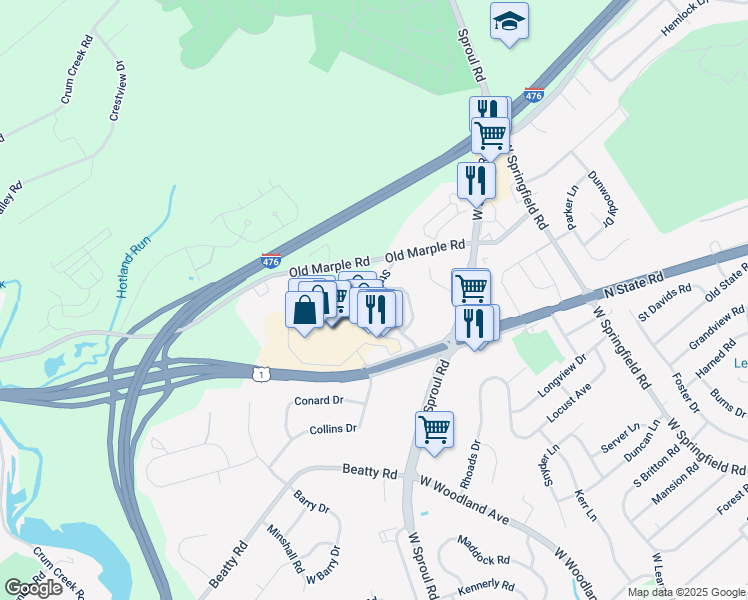 map of restaurants, bars, coffee shops, grocery stores, and more near 20 Stratford Drive in Springfield