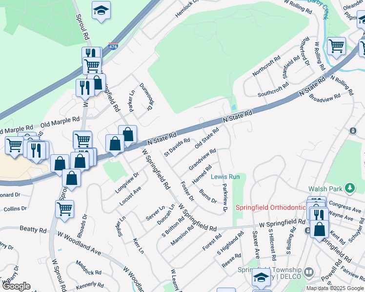 map of restaurants, bars, coffee shops, grocery stores, and more near 53 Saint Davids Road in Springfield