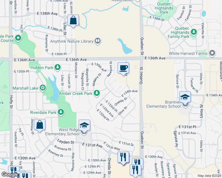 map of restaurants, bars, coffee shops, grocery stores, and more near 13345 Newport Circle in Thornton