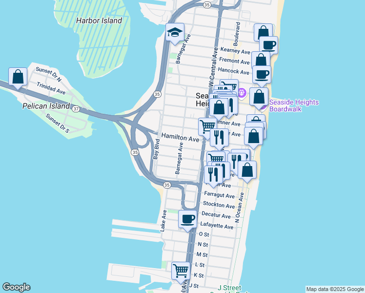 map of restaurants, bars, coffee shops, grocery stores, and more near 234 Lincoln Avenue in Seaside Heights