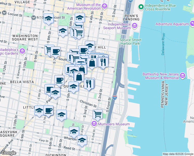 map of restaurants, bars, coffee shops, grocery stores, and more near 221 Fitzwater Street in Philadelphia